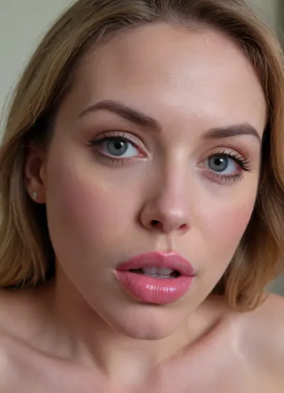 solo, face, (youthful:1.3), (sexy:1.3), (cute:1.3), (mommy), (feminine), (big lips:1.3), glossy lips, (nude:1.2), (horny:1.3), (orgasm, orgasm face, closed mouth)