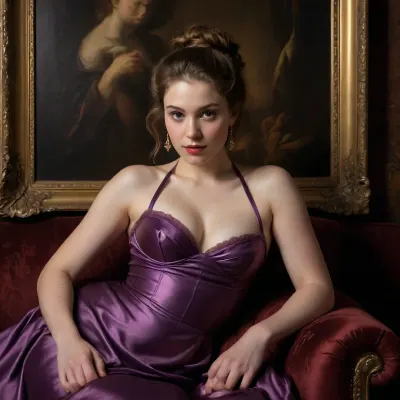 Halter neck dress, royal purple **Subject, ** A mesmerizing Baroque masterpiece brought to life—a reclining woman, sculpted in rich, hyperrealistic brushstrokes, peers over her shoulder with a knowing smirk, as if aware of the viewer's gaze. **Setting, ** A dimly lit museum gallery at dusk, walls adorned with Baroque frames reflecting flickering candlelight. The air is thick with the scent of aged varnish and beeswax, casting a golden ambiance that accentuates the painting’s opulent textures. **Key Details, **, **Art Style & Technique, ** Ultra-high-definition, 17th-century Baroque oil painting with chiaroscuro lighting, polished to a luminous sheen. Skin rendered in pearlescent tones, soft shadows pooling in the curves of her form, blending realism with idealized beauty., **Composition, ** Central focus on the languid pose, her limbs arranged in elegant contrapposto, draped in translucent fabric that clings like liquid gold. The background dissolves into a velvety darkness, punctuated by distant candle flames., **Mood & Atmosphere, ** Intimate yet theatrical—an unspoken dialogue between art and observer. The smirk suggests playful defiance, as though she’s stepped out of the canvas for a fleeting moment. **Lighting, ** Warm, directional candlelight, (soft glow, Rembrandt-esque), highlights her shoulders and face, while deep shadows carve dimensionality into the folds of fabric and flesh. **Technical Specs, Resolution, 8K, film grain texture mimicking aged canvas., Color Palette, Burnished, deep umbers, and creamy flesh tones with a matte varnish finish., Artistic References, Echoes of Rubens' voluptuous figures and Caravaggio’s dramatic lighting, merged with modern hyperrealism. **Avoid, ** Anachronistic elements, overly eroticized poses, or loss of painterly texture, (e.g., avoid a "photographic" look—maintain brushstroke fidelity), . **Enhancement Notes, ** Subtle cracks in the varnish layer, a faint haze of dust motes in the air, and the impression of oil paint’s tactile thickness.