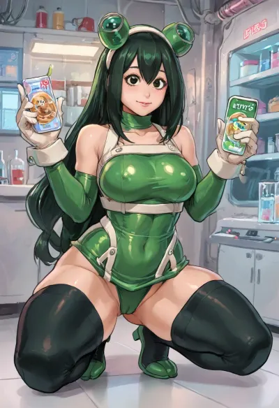 Reiq art style, (age:.7), (lab assistant's:1.3), (space laboratory:1.3), Tsuyu Asui, My hero Academia, Frog cosplay, ((tsuyu asui MHA)), Root Melt, deep black-green eyes, pose, (revealing costume design:.2), toned hourglass figure, (muscular legs:.6), skindentation, (no underwear:1.2), ratatatat74, <lora:EnvyBeautyMixXL01:.5>, <lora:DonaughtX2Lora-000105:.8>, <lora:LCMTurboMix_Euler_A_fix:.8>, <lora:cartoon_stickers_xl_v1:.8>, <lora:ratatatat74-000050:.8>