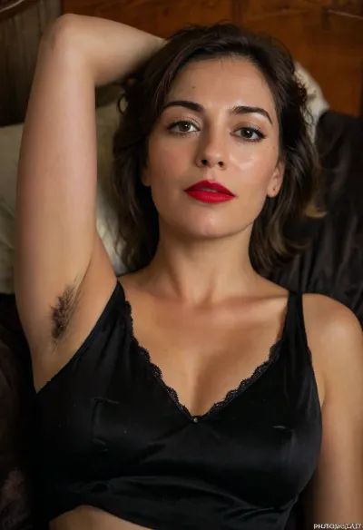Beautiful 45 year old Italian brunette woman, bob haircut, broad jaws, moles, freckles, winkles, detailed skin., (Mature, milf), (dark skin tone:1), . Red lipstick. Wearing black formal shirt and pencil skirt. Sleeveless. Black stockings. Professional looking. Room has wooden interiors, warm lighting. She is lying back on a velvet bed., (one arm raised up), dark, skin, hairy, armpits, <lora:Darker_skin_SDXL:1.6>, <lora:MJ52:.8>, <lora:HAv2.0beta1:.8>, top angle.