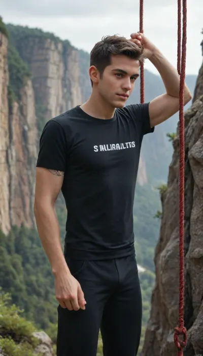 Dynamic image, Insanely detailed and realistic foto, 1boy, A stunningly attractive, sexy rock climber, 20yo, (((solo))), fully clothed, (wearing a black gym shirt and a black gym pants:1.3), . He is lean and athletic, with sculpted abs, toned arms, and defined v-lines, sparkling emerald eyes, short-cut waved black hair, tattoos on his left arm, (standing at the bottom of a cliff, frontally to the cliff face, climbing ropes hanging down:1.3), . The landscape glows with golden light, drifting pollen, and sparkling motes of magic, creating a whimsical, otherworldly atmosphere. His posture and expression exude confidence, erotic charm, and playful seduction as if inviting the viewer into his wonderful world.