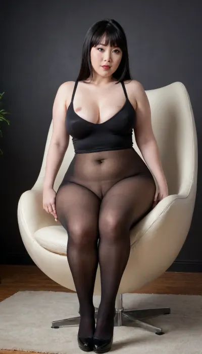 (((thick Asian, slightly chubby))), ((pale skin, black hair with bangs, long straight hair)), ((Low-waist black Pantyhose, platform heels)), (full nude), (in a leather Egg armchair from Arne Jacobsen), (round earrings), 25 years old, (curvy body, wide hips, fat ass, huge boobs, teardrop breasts, big areolae), serious, best quality, photorealism, masterpiece, perfect natural big sagging boobs, entire body view, plain dark background, glow, ((full body view)), in torn tights, ((visible pussy)), spread legs up in the air