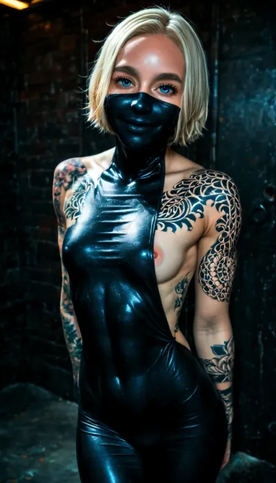 22 years old, american woman, taking a selfie, with cleavage, white and pale skin, slim nose, short white blonde hair, small sagging breasts, robust body, embarrassed smile, round face, minimalist white luxury room, freckles, blue eyes, molar on cheek, (body covered in tattoos:1.7), full body view, hyper realistic photo, full hd, 8K