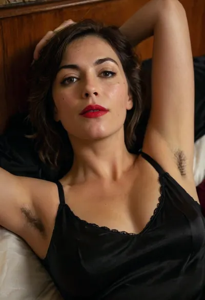 Beautiful 45 year old Italian brunette woman, bob haircut, broad jaws, moles, freckles, winkles, detailed skin., (Mature, milf), (dark skin tone:1), . Red lipstick. Wearing black formal shirt and pencil skirt. Sleeveless. Black stockings. Professional looking. Room has wooden interiors, warm lighting. She is lying back on a velvet bed., (one arm raised up), dark, skin, hairy, armpits, <lora:Darker_skin_SDXL:1.6>, <lora:MJ52:.8>, <lora:HAv2.0beta1:.8>, top angle.