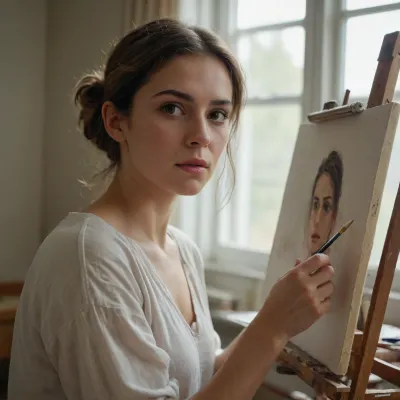 Artist painting, (((self-portrait))), at her easel in a studio, her face on the canvas, brushes and paints around, soft natural light from the window, focused expression, realistic style, high details, sharp focus..., painting, self-portrait, canvas, palette, <lora:paintingselfportrait:.8>