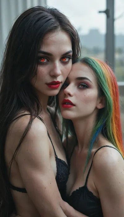 Two 18 year old vampire sisters, very long black and rainbow hair, red lipstick, freckles, black eyeliner, black eyelashes, black eyeshadow, glowing red eyes, Subspecies, style, <lora:Halloween_Series_Scary_Vampire-000009:.8>, <lora:Stunning_eyes_2:.8>, <lora:Dead_Beauty:.8>, <lora:Subspecies style:.8>