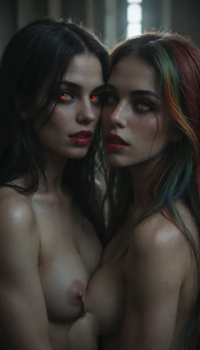 Two 18 year old vampire sisters, very long black and rainbow hair, red lipstick, freckles, black eyeliner, black eyelashes, black eyeshadow, glowing red eyes, Subspecies, style, <lora:Halloween_Series_Scary_Vampire-000009:.8>, <lora:Stunning_eyes_2:.8>, <lora:Dead_Beauty:.8>, <lora:Subspecies style:.8>, <lora:dark:.8>