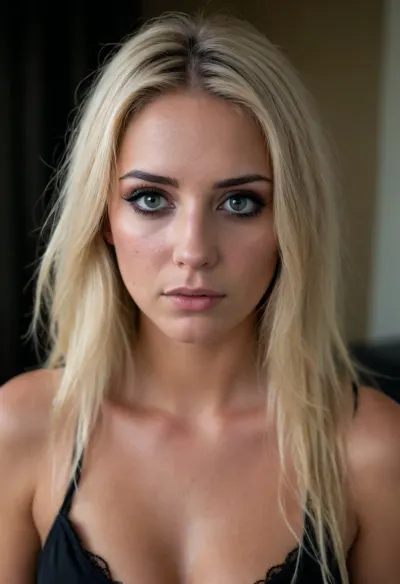 large breasted, fit, tanned skin, 25 year old woman, no underwear, long blonde hair, dark eye shadow, freckles, sad look, smeared mascara, crying, looking at camera, (((black mascara))), lots of makeup, (dark eye shadow), ((smokey eyes)), ruined mascara, tears down face