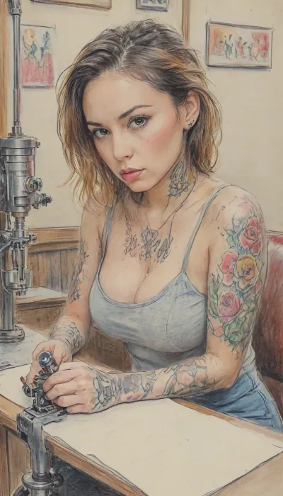 Tattoo artist tattooing parlor, (((tattoo machine in hand))), detailed studio interior, focused expression, entire image drawn as a colored pencil sketch, visible colored pencil strokes, textured paper background, hand-drawn illustration, traditional colored pencil artwork style., novuschroma10, style, colored, pencil, <lora:coloredpencil_xl-v3:2>, <lora:InkroseArt_Colored_Pencil_V2:2>, <lora:novuschroma10 style:2>, <lora:Eldritch_SketchDraw:2>