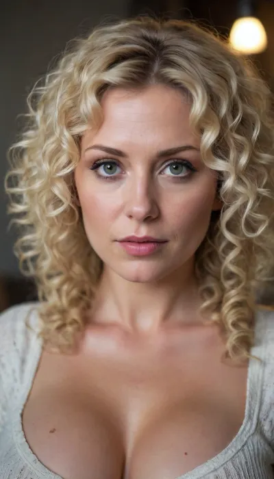 Very beautiful 40 years old woman, Blondie curly hair, perfect face, perfect big breasts. Nordic clothing