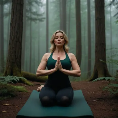 40 year old blond mature but not old and chubby lady is doing yoga on a yoga-mat in a foggy forest. she has a yogar outfit in dark-green and black. standing