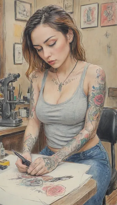 Tattoo artist tattooing parlor, (((tattoo machine in hand))), detailed studio interior, focused expression, entire image drawn as a colored pencil sketch, visible colored pencil strokes, textured paper background, hand-drawn illustration, traditional colored pencil artwork style., novuschroma10, style, colored, pencil, <lora:coloredpencil_xl-v3:2>, <lora:InkroseArt_Colored_Pencil_V2:2>, <lora:novuschroma10 style:2>, <lora:Eldritch_SketchDraw:2>