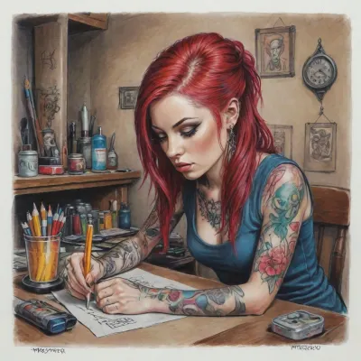 {, ([sketch 'pencil 'colors paper, megan massacre working studio tattoos], , ), }, drawing, colored, pencil, Sketch, Painting, <lora:pencil_drawing-000001:.4>, <lora:Drawings_Pierre_Joubert_Style:1>