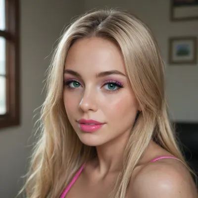 (photorealistic lifestyle photography, DSLR photo, 85mm lens, f/1.8, shallow depth of field, soft natural window light, realistic shadows, visible skin pores, subtle skin imperfections, natural color grading, true-to-life colors, slight film grain), (1girl bimbo), young bimbo, (curvy body:1.8), (very pronounced makeup:1.3), (mascara for long lashes:1.3), (intense black eyeliner:1.3), (purple intense eyeshadow colours:1.6), (bright glossy pink lipstick:1.3), (pink blush:1.3), (nail polish:1.3), (red nails:1.3), (long blonde hair:1.8), green eyes, solo, portrait, looking_at_viewer, lips, closed_mouth, smile, teeth, blurry, nose, blurry_background