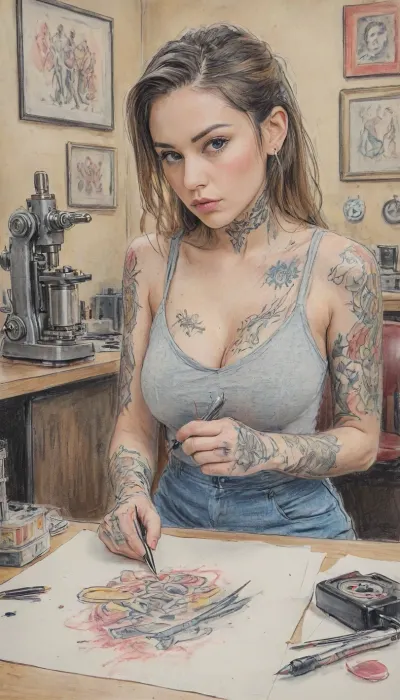 Tattoo artist tattooing parlor, (((tattoo machine in hand))), detailed studio interior, focused expression, entire image drawn as a colored pencil sketch, visible colored pencil strokes, textured paper background, hand-drawn illustration, traditional colored pencil artwork style., novuschroma10, style, colored, pencil, <lora:coloredpencil_xl-v3:2>, <lora:InkroseArt_Colored_Pencil_V2:2>, <lora:novuschroma10 style:2>, <lora:Eldritch_SketchDraw:2>