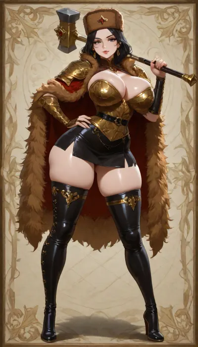 full body, (full view), female warrior, long black hair, Russian woman, russian hat, (ushanka hat), wearing armor, ornamental armor, tight top, long fur cape, shoulder armor, dark leather skirt, split skirt, dark leather thigh-high boots, earrings, fully clothed, stunning beauty, extremely beautiful face, seductive gaze, smoldering gaze, mischievous smile, has a sexy face and big bright blue eyes, doe eyes, detailed eyes, long eyelashes, thick shapely thighs, thin waist, well defined large breasts, pale skin, (giant breasts), (bulging cleavage), shapely breasts, large areolas, wide hips, large shapely detailed hips, big round ass, tight ass, shapely detailed ass, hourglass body, pretty face, pouty lips, standing, legs spread apart, (sexy pose), solid colorful background red with an ornate border, (wielding an ornate iron hammer over her shoulder), hand on hip