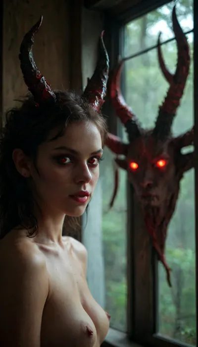 very dark focused flash photo of found footage of a sexy female demon with horns staring from behind the window of a dark bedroom at night with a dark forest in the background, red eyes, laser, eyes, portrait, glowing, h41ry, <lora:sdxl_darkflash_v6-000060:1.5>, <lora:MJ52:2>, <lora:Glowing_eyes_portrait:.8>, <lora:h41ry:1.5>, <lora:xl_more_art-full_v1:2>