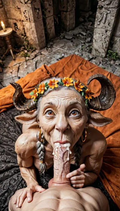 Granny, ((gilf performing blowjob in an orgy by fantasy creatures)), size difference, blowjob, short fat cock, kiss glans, cum, sweat, furry goat legs, hold Horns, braided hair, big butt in the air, huge sagging breast, hold breast, big nipples, hold cock, Big eyes, look up, smile, suffering face. grey hair, Wrinkled skin, Laurel wreath. Summer night, Bed, Veils, ruins, greek columns, colored Cushions, from above, Full-length figures, orange Candlelight, POV, Faun1024, <lora:Faun1024:.8>