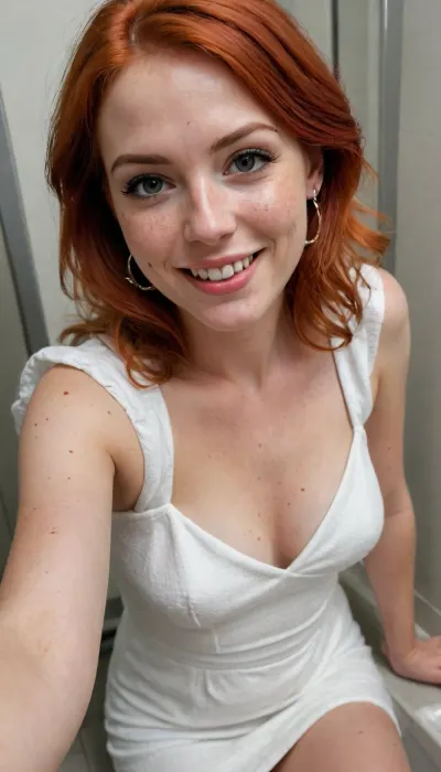 selfie photo in a public toilet, fashion girl in a white dress, red hair, freckles, big earrings, smiling for the photo, there is a lot of sperm on her cleavage, photo from the knees, you can see the phone she uses to take the photo, she has sperm on her lips, her dress is dirty