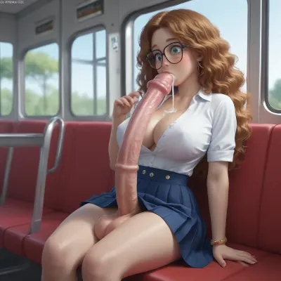 Comedy., (futa:1.7), Young futa woman with massive erect equine cock.., (young adult:1.6), Red wavy Hair. Freckles. Glasses. School outfit. Fat tits. Thin waist. Button-down blouse open showing cleavage. Sitting on a bus. Going to school. Sudden erectuon. She is looking surprised by her massive erect equine cock. she is fucking her mouth with her own Equine cock. Oral sex. Sucking self off., ejaculating into mouth. Thick white cum. . Trying to hide it with her fat tits., <lora:futanari_XL:1.7>
