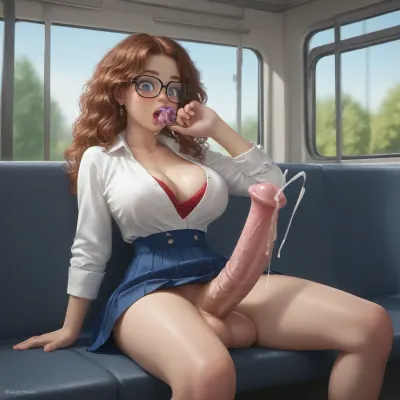 Comedy., (futa:1.7), Young futa woman with massive erect equine cock.., (young adult:1.6), Red wavy Hair. Freckles. Glasses. School outfit. Fat tits. Thin waist. Button-down blouse open showing cleavage. Sitting on a bus. Going to school. Sudden erectuon. She is looking surprised by her massive erect equine cock. she is fucking her mouth with her own Equine cock. Oral sex. Sucking self off., ejaculating into mouth. Thick white cum. . Trying to hide it with her fat tits., <lora:futanari_XL:1.7>