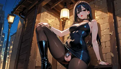 best quality, ultra-detailed, 8k, femboy in a city street at night, whore setting, under roof and lamp, quite rainy, summer, random posing against modern wall, solo, clearly visible rounded balls, chastity cage on penis, slim body shape, long hair, emotionless, cute wet dress, knee-heeled boots, bracelets, thin tights, black colour eyes, smokey eyes, big red lips, Puffy, Detailed, <lora:Lips._Fleshy_lips_Anime-000009:1.3>