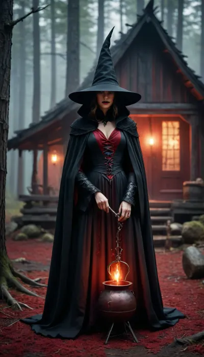 High fantasy witch in a thick, (matte black robe), and pointed hat, the robe remains pure black, holding a wand, standing in front of an ancient wooden hut in a dark forest, preparing, (glowing red potion), in a large iron cauldron, (red mist), and magical sparks, magical mist, (crows), dramatic cinematic lighting, sharp focus, epic fantasy art, DonMD34thM4g1c4tt1r3XL, hkdeath, <lora:DonMD34thM4g1c4tt1r3XL-000008:.8>, <lora:LivingDeathXL:1.3>, <lora:EnvySorceressXL01:1.1>
