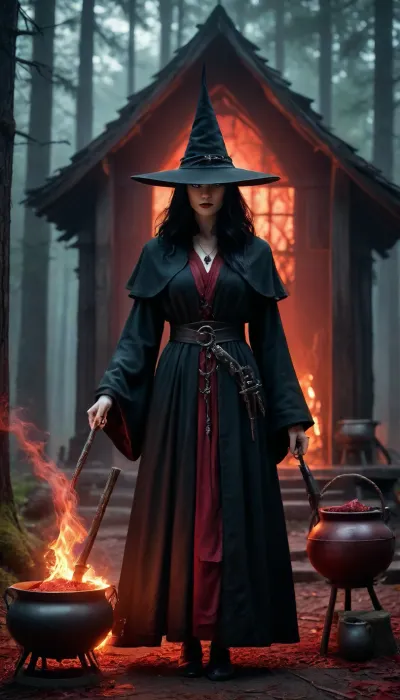 High fantasy witch in a thick, (matte black robe), and pointed hat, the robe remains pure black, holding a wand, standing in front of an ancient wooden hut in a dark forest, preparing, (glowing red potion), in a large iron cauldron, (red mist), and magical sparks, magical mist, dramatic cinematic lighting, sharp focus, epic fantasy art, DonMD34thM4g1c4tt1r3XL, hkdeath, <lora:DonMD34thM4g1c4tt1r3XL-000008:.8>, <lora:LivingDeathXL:1.3>, <lora:EnvySorceressXL01:1.1>