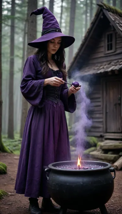 A witch standing in front of a wooden hut in a dark forest is preparing a purple demonic potion in a large black cauldron from which a magical mist rises, dramatic shadows, cinematic dark fantasy, sharp focus.