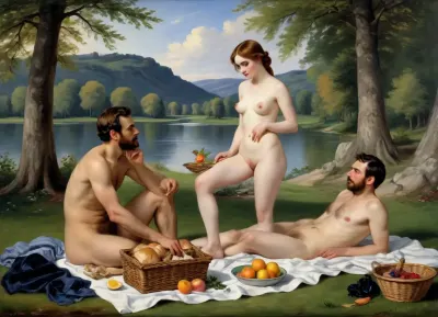masterpiece, full color image, 8K quality, "Breakfast on the grass"— a painting by the French artist Edouard Manet, painted in 1863. two fully clothed men seducing a naked beautiful woman, bathing girl in the background in nature, a naked woman shamelessly looks directly at the viewer, the style of the painting breaks with the academic traditions of the time. The harsh "photographic" light eliminates semitones, and the men are dressed like dandies. They're so engrossed in the conversation that they don't seem to notice the women at all. In front of them lies discarded women's clothes, a fruit basket and round bread. In the background, a second woman in light clothes washes in the river. The painting puzzles with the "wrong" perspective, an excessively large female figure in the background in an autonomously illuminated, unreal space. The background of the painting lacks depth, giving the impression that the whole scene is not taking place in nature, but in a studio. This impression is enhanced by the light, which gives almost no shadows. The painting is made with oil paints