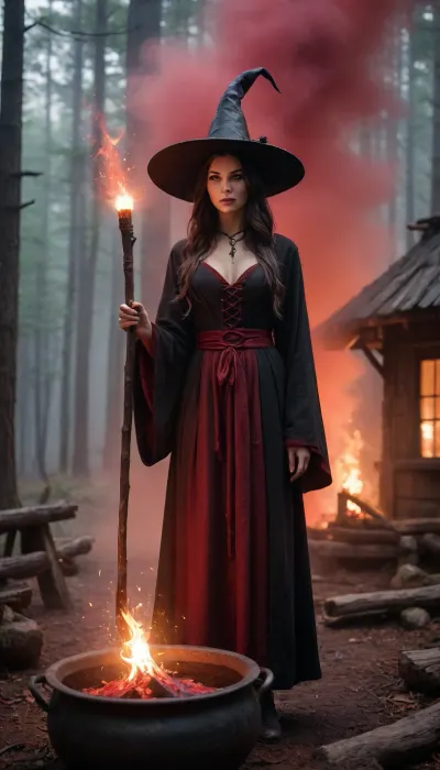 High fantasy witch in a solid matte black robe and pointed hat, robe remains pure black, holding a wand, standing before an ancient wooden hut in a dark forest, brewing a glowing red potion in a large iron cauldron, red mist and magical sparks around the cauldron only, mystical fog, dramatic cinematic lighting, sharp focus, epic fantasy art.