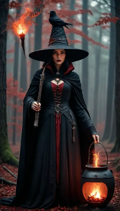 High fantasy witch in a thick, (matte black robe), and pointed hat, the robe remains pure black, holding a wand, standing in front of an ancient wooden hut in a dark forest, preparing, (glowing red potion), in a large iron cauldron, (red mist), and magical sparks, magical mist, (crows), dramatic cinematic lighting, sharp focus, epic fantasy art, DonMD34thM4g1c4tt1r3XL, hkdeath, <lora:DonMD34thM4g1c4tt1r3XL-000008:.8>, <lora:LivingDeathXL:1.3>, <lora:EnvySorceressXL01:1.1>