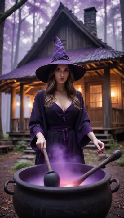 High fantasy witch in a tight, (matte black robe), and pointed hat, the robe remains pure black, holding a wand, standing in front of an ancient wooden hut in a dark forest, preparing, (glowing red potion), in, (large iron cauldron), (red mist), and magical sparks, magical mist, dramatic cinematic lighting, sharp focus, epic fantasy art, DonMD34thM4g1c4tt1r3XL, hkdeath, <lora:DonMD34thM4g1c4tt1r3XL-000008:.8>, <lora:LivingDeathXL:1.3>, <lora:EnvySorceressXL01:1.1>