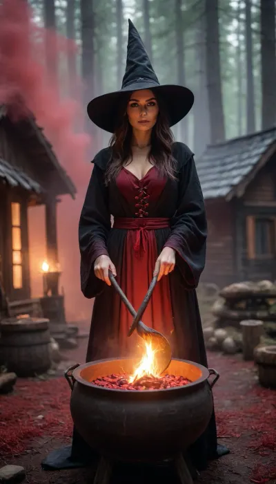High fantasy witch in a solid matte black robe and pointed hat, robe remains pure black, holding a wand, standing before an ancient wooden hut in a dark forest, brewing a glowing red potion in a large iron cauldron, red mist and magical sparks around the cauldron only, mystical fog, dramatic cinematic lighting, sharp focus, epic fantasy art.