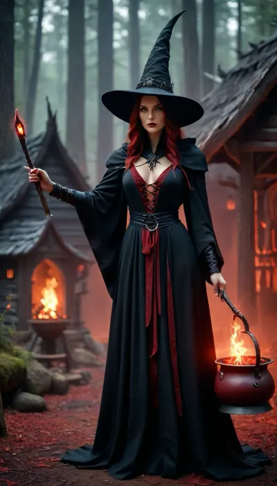Nude High fantasy witch in a tight, (matte black robe), and pointed hat, the robe remains pure black, holding a wand, standing in front of an ancient wooden hut in a dark forest, preparing, (glowing red potion), in, (large iron cauldron), (red mist), and magical sparks, magical mist, dramatic cinematic lighting, sharp focus, epic fantasy art, DonMD34thM4g1c4tt1r3XL, hkdeath, <lora:DonMD34thM4g1c4tt1r3XL-000008:1.7>, <lora:LivingDeathXL:1.3>, <lora:EnvySorceressXL01:.5>