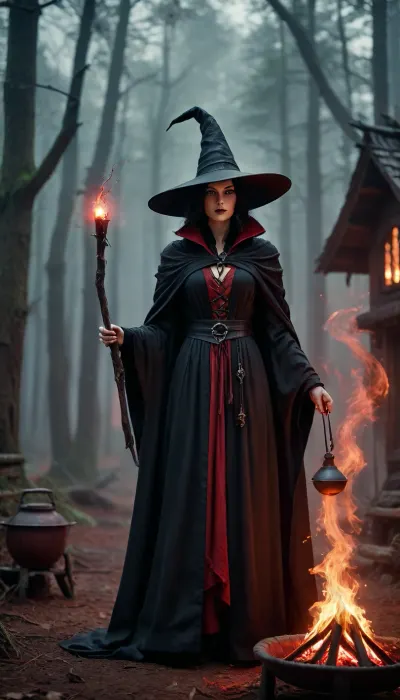 High fantasy witch in a thick, (matte black robe), and pointed hat, the robe remains pure black, holding a wand, standing in front of an ancient wooden hut in a dark forest, preparing, (glowing red potion), in a large iron cauldron, (red mist), and magical sparks, magical mist, dramatic cinematic lighting, sharp focus, epic fantasy art, DonMD34thM4g1c4tt1r3XL, hkdeath, <lora:DonMD34thM4g1c4tt1r3XL-000008:.8>, <lora:LivingDeathXL:1.3>, <lora:EnvySorceressXL01:1.1>