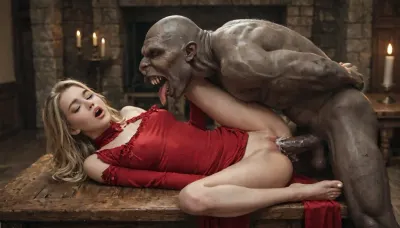 In a magnificent baroque palace, a fantasy creature is fucking a young woman, vaginal penetration, (blonde hair, eyes closed, red dress, mouth open very wide, eyes close tight), The woman is lying on a table, wood table, the woman, (legs spread, pussy gaping, pussy swollen), the monster's cock, (large, pushed inside the woman's pussy), Warm light, (fireplace and candles), View from the side, (full bodies), cum, (leaking out of her pussy), ., <lora:Fantasy_Creatures:.8>