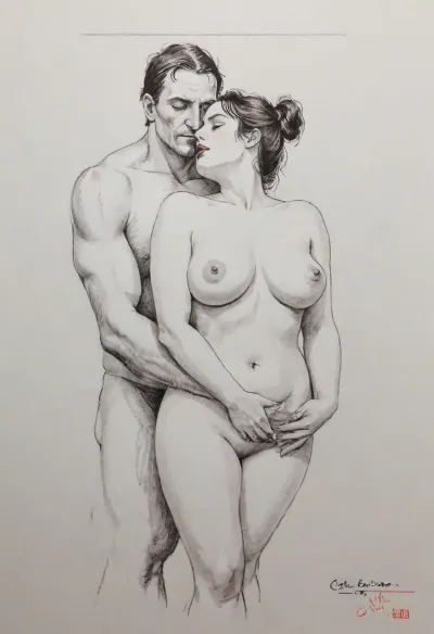 A very sensual abstract line style ink drawing in the style of Picasso's Don Quixote of a couple facing the camera. The woman, a chubby figure with big tits and wide hips, looks up at the man, her arm reaching up around the back of his neck and her hair spilling down behind her. The man is clean shaven and overweight. He holds her in his arms kissing her neck passionately and holding her beneath the tits., Fresh, and, creative, pen, strokes, ink, wash, painting, outline, <lora:Fresh Ideas@Pen and ink drawings_SDXL:.1>, <lora:xl_shuimo-000012:.1>, <lora:sdxl_lora_outline-000016:1.7>, Below them, in large blocky handwriting is written the words "Casa Éxtisas"