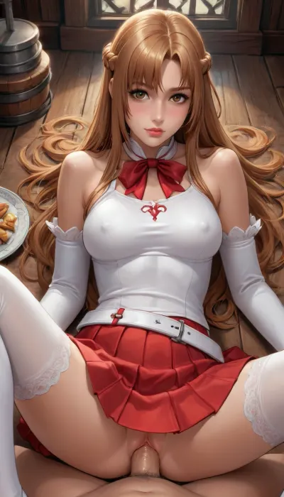 reiq meets anime Style, adult Asuna drawn in anime style, erect nipples, intense blushing, horny, asuna_\, (sao\), long_hair, skirt, red_skirt, detached_sleeves, windmill, white_thighhighs, brown_hair, brown_eyes, breastplate, solo, pleated_skirt, miniskirt, white_belt, missionary, sex, <lora:asuna:1.2>, <lora:missionary:1.4>
