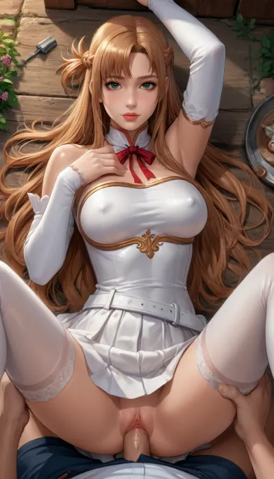 reiq meets anime Style, adult Asuna drawn in anime style, erect nipples, asuna_\, (sao\), long_hair, skirt, red_skirt, detached_sleeves, windmill, white_thighhighs, brown_hair, brown_eyes, breastplate, solo, pleated_skirt, miniskirt, white_belt, missionary, sex, <lora:asuna:1.2>, <lora:missionary:1.1>
