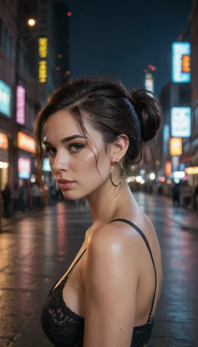 Cute bimbo Panama palmer in spacy night city, (scenery of the Game 'Cyberpunk 2077'), full View from Side