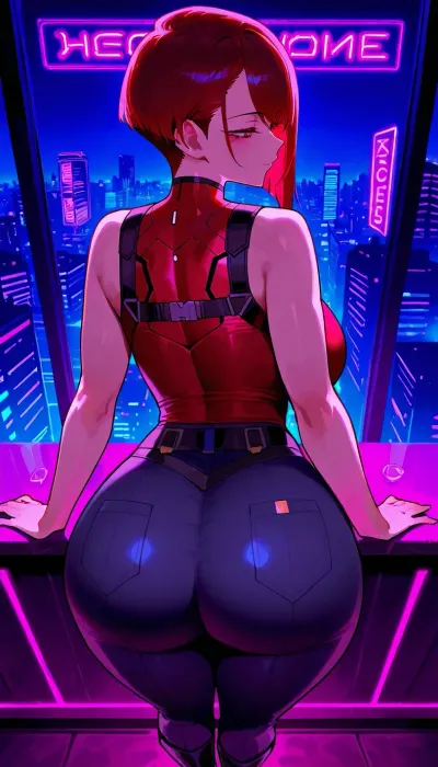 Extreme high rear three-quarter POV, camera above and behind, steep downward angle, off-center composition, full-body anime illustration, dynamic perspective, anime woman, adult appearance, Claire-inspired, hyper-voluptuous curvy body, exaggerated anime proportions, very large bust, heavy cleavage, wide hips, thick thighs, extremely round butt, deeply arched back, extreme spine curve, hips pushed far back, pelvis tilted, leaning forward against a bar counter, forearms planted on the bar, weight shifted forward, back arched dramatically, pose emphasizing hips, waist, and curves, dark red shoulder-length hair, asymmetrical anime haircut, side-swept bangs, loose strands, confident seductive expression, half-lidded anime eyes, tight sleeveless red top, stylized cyberpunk chest harness, skin-tight utility pants hugging curves, rugged cyberpunk footwear, arm-mounted cyberpunk tech, utility straps and accessories, Afterlife bar, Night City, neon cyberpunk interior, glowing signs, holograms, smoky atmosphere, vibrant neon lighting, strong rim light outlining body, high saturation, dramatic contrast, clean anime lineart, high-detail shading, sharp focus, high-quality anime illustration