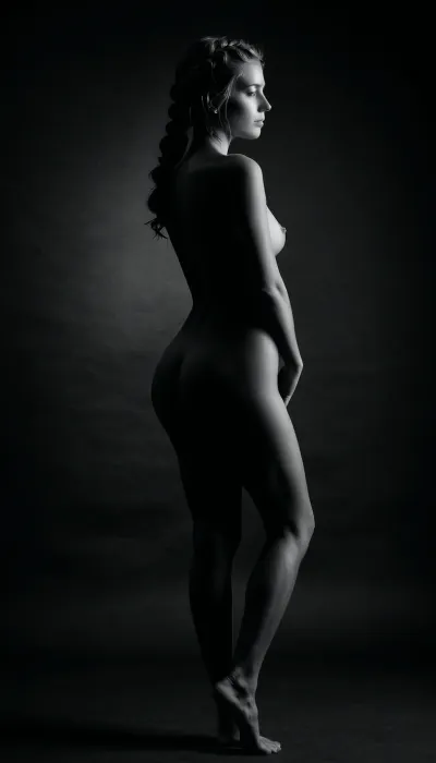 dark background, full body, 20 year old woman silhouette, sexy poses, perfect nude body, tiny breasts, perfect french braid hair, very long hair, lovely dainty feet, monochrome, realistic, 4k, high quality, art
