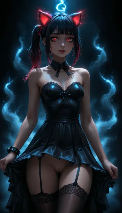 Charming petite girl, (charming red eyes, bright glowing pupils:1.5), Night, ultra detailed, HD, (cat ears), (reiq style:1), red lips, runny mascara, flat chest, huge ass, wasp waist, long brown hair, left side ponytail with wispy bangs, bright glowing aura, medium black hair with blunt bangs, bobbed hair, long blue hair with split bangs, breasts exposed, aroused pink vagina exposed, large neck black bow ribbon with pikes, black lace garter belt and stockings, cinematic, detailed, front view, sweaty skin, dark face makeup, no panties, (reiq meets innv and markgavatino style:1), 1woman, covered in tattoos, lots of tattoos, black hair with highlights, tied hair up ponytail, blue eyes, thick black glasses, spiked choker, spiked bracelets, glamorous goth makeup, black lipstick, ((small breasts)), breasts bulging out top, red plaid mini skirt, black garter belt underneath, black fishnet stockings, lifted skirt, black thong exposed, queen of spades branded thong, dynamic pose, (bright glowing white aura:1.5), (aura around body:1.5), Rory Mercury, 1 girl, Gorgeous 35-year-old girl, masterpiece, 8K, realistic, detailed body, correct female anatomy, clothed, looking at viewer, smiling, demonstrating, vagina visible from below, solo, brown eyes, black hair, hair clip, white collared shirt, pleated skirt, black lace thigh-high stockings, standing, walking, talking to viewer, posing, dark background, black gothic dress with red elements, gothic dress, fluffy dress, bow on head, black bow with red ribbons at the edges in gothic style, long black hair, neon, ltctr, color, +, light, contour, neon_style, <lora:Glowing_beach:2>, <lora:neon_style:2>, <lora:light_contour_sdxl:2>, <lora:Neon_Style_XL:2>, <lora:dark:2>