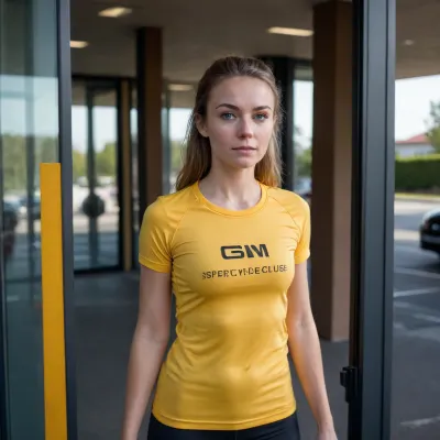 28 years old woman, leaving school gym trough glass door, dark jogging tights, yellow branded gym club shirt, sexy, slender, flat chested, sunny day, van in parking lot, light brown hair, blue eyes