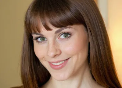 Professional portrait photograph of a beautiful skinny russian woman in her 40s, medium-length straight dark brown hair with full straight-cut bangs, striking light green hazel eyes, fair porcelain skin with natural flush, oval face shape, warm genuine smile showing white teeth, long natural eyelashes, delicate facial features, natural makeup look, soft natural lighting, studio portrait, photorealistic, highly detailed skin texture, sharp focus on eyes, 85mm lens, f/2.8, professional photography, ultra realistic, 8k quality, detailed irises, natural skin pores visible, candid friendly expression