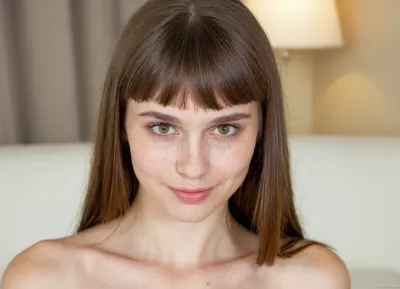 Professional portrait photograph of a beautiful skinny russian woman in her 40s, medium-length straight dark brown hair with full straight-cut bangs, striking light green hazel eyes, fair porcelain skin with natural flush, oval face shape, thin narrow face, narrow long nose, feint small amount of freckles across nose, thin narrow lips, caucasian face type, warm genuine smile showing white teeth, long natural eyelashes, delicate facial features, natural makeup look, soft natural lighting, studio portrait, photorealistic, highly detailed skin texture, sharp focus on eyes, 85mm lens, f/2.8, professional photography, ultra realistic, 8k quality, detailed irises, natural skin pores visible, candid friendly expression