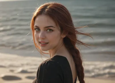 (red hair), (long braided hair), (bangs), ((Yellow eyes)), (((Hazel eyes))), ((Formal long black cotton dress)), (hyperdetailed clothing), long sleeves, afternoon beach, windy cold beach, complex detailed background, 16K, portrait, beautiful hyperdetailed face, beautiful hyperdetailed eyes, Amazing lighting, (hyperdetailed realistic anatomy), hyperdetailed hands, (ulzzang-6500:1), (best quality), (ultra high res), (photorealistic:1.4), 1girl, (sharp focus:1.4), clear detailed shiny skin, light rays, beautiful legs, f2.0, dust particles, sharp focus, realistic hyperdetailed arms, (Dutch angle shot), looking at viewer, (evil:1.3), showing ass, (curvy body), athletic hyperdetailed ass, best shadow, volumetric lighting, (realistic proportions), (constricted_pupils), angry, screaming, crazy smile, shaded face, (shadows cast over face:1.3), (Solo), (Natural relaxed pose)