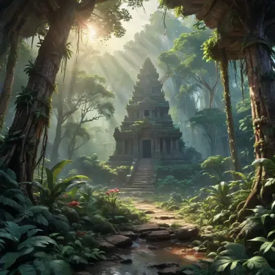 Ultra realistic fantasy landscape, cinematic realism, extreme detail, 8k resolution, sharp focus, physically based rendering, global illumination, volumetric sunlight, realistic textures, natural color grading.
A massive ancient fantasy temple stands in the distance as the main focal point of the composition, partially hidden by dense wild jungle. Monumental stone architecture, rough weathered stone blocks, erosion, cracks, primitive carved symbols, non-asian, non-indian architecture, no eastern motifs. The scale of the temple is enormous, dominating the landscape despite being far away.
The foreground and midground are filled with untamed african jungle, thick vegetation, giant trees, heavy lianas, roots, large-leaf plants, wild exotic flowers, humid atmosphere, light ground fog. Nature feels ancient, primal and untouched.
Sunlight breaks through the jungle canopy, god rays illuminating the distant temple, creating depth and cinematic perspective. Strong sense of scale, depth, and atmosphere., j_cartoon, <lora:J_cartoon:.8>