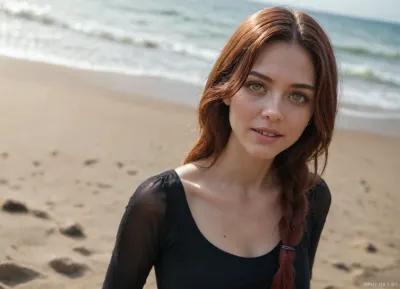 (red hair), (long braided hair), (bangs), ((Yellow eyes)), (((Hazel eyes))), ((Formal long black cotton dress)), (hyperdetailed clothing), long sleeves, afternoon beach, windy cold beach, complex detailed background, 16K, portrait, beautiful hyperdetailed face, beautiful hyperdetailed eyes, Amazing lighting, (hyperdetailed realistic anatomy), hyperdetailed hands, (ulzzang-6500:1), (best quality), (ultra high res), (photorealistic:1.4), 1girl, (sharp focus:1.4), clear detailed shiny skin, light rays, beautiful legs, f2.0, dust particles, sharp focus, realistic hyperdetailed arms, (Dutch angle shot), looking at viewer, (evil:1.3), showing ass, (curvy body), athletic hyperdetailed ass, best shadow, volumetric lighting, (realistic proportions), (constricted_pupils), angry, screaming, crazy smile, shaded face, (shadows cast over face:1.3), (Solo), (Natural relaxed pose)
